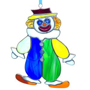 Vtg Stained Glass Clown Suncatcher Hanging Decoration Whimsical Ornament Happy